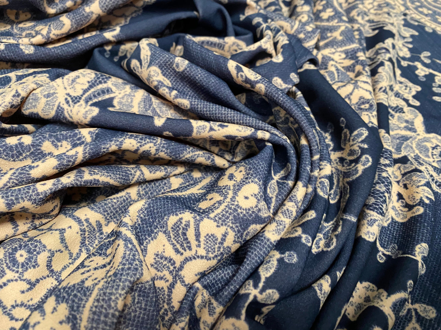 Scuba crepe fabric stretch spandex jersey, per metre - denim & lace print