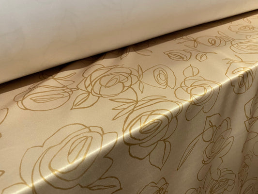 Scuba stretch Spandex double jersey fabric, per metre - line art rose sketch print - gold