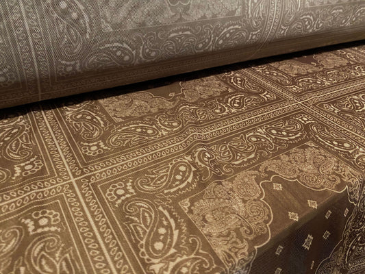 Power mesh net stretch fabric, per metre - taupe paisley geometric squares print