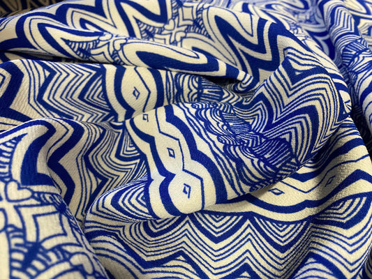 Heavyweight moss crepe woven dress fabric with comfort stretch - zig zag print - royal blue