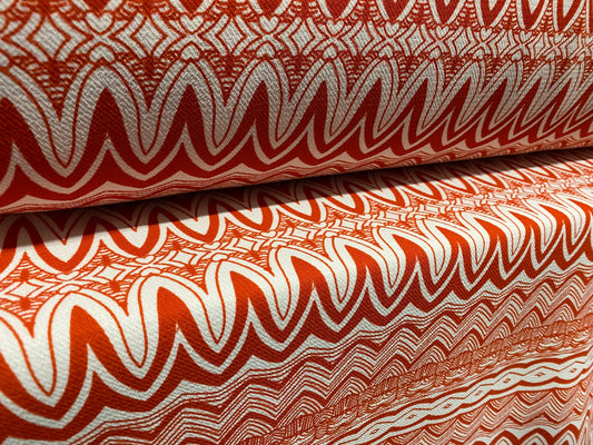 Heavyweight moss crepe woven dress fabric with comfort stretch - zig zag print - burnt orange