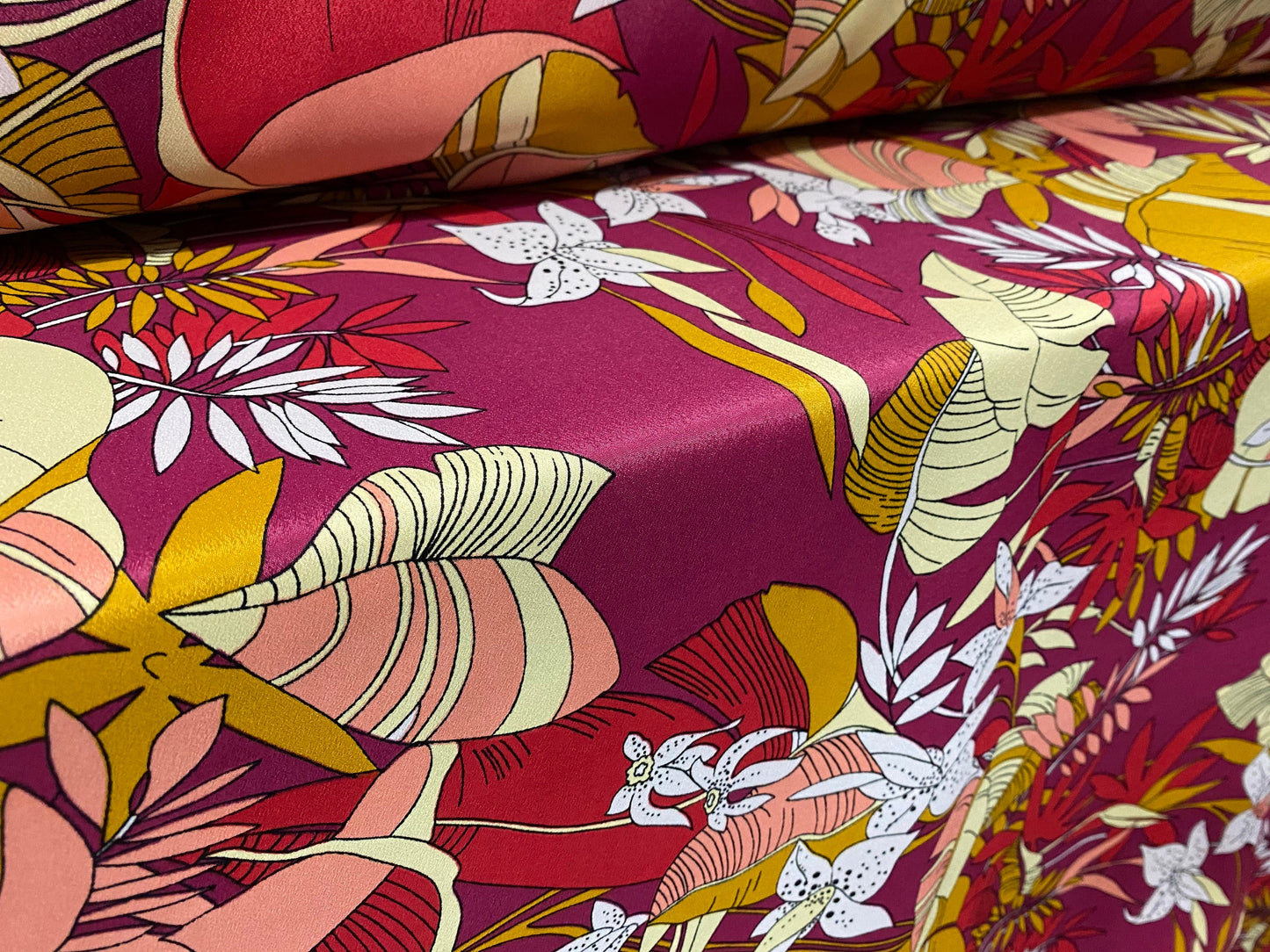Chirimen woven crepe dress fabric, per metre - fuschia floral print