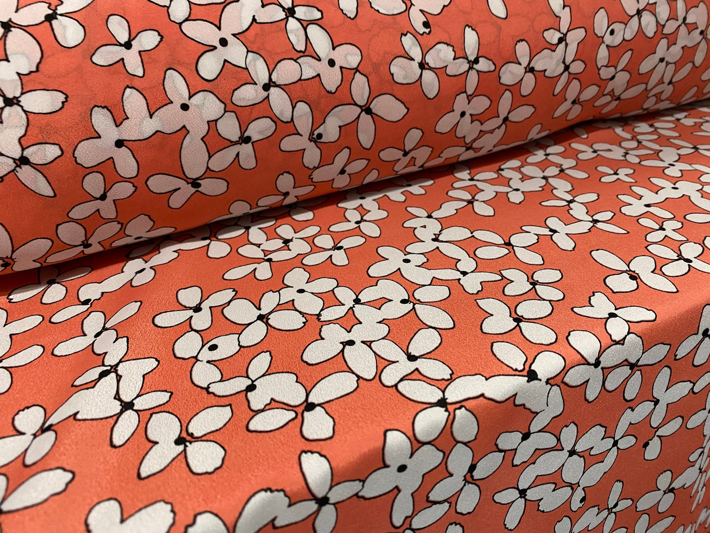 Chirimen woven crepe dress fabric, per metre - flower print - coral