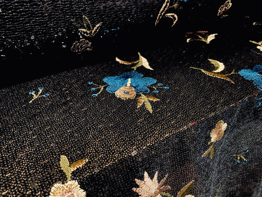 Couture sequin fabric with rose gold & turquoise floral embroidery, per metre - black