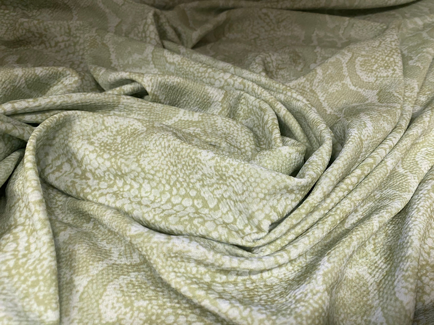 Scuba textured ‘Liverpool’ stretch spandex jersey fabric, per metre - sage green snakeskin print