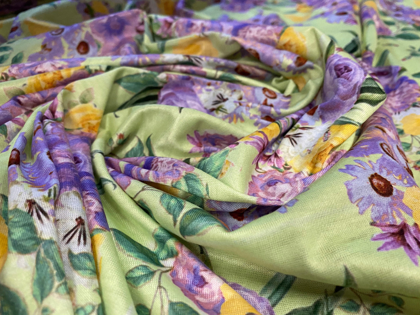 Soft handle jersey fabric with spandex, per metre - green & lilac floral print