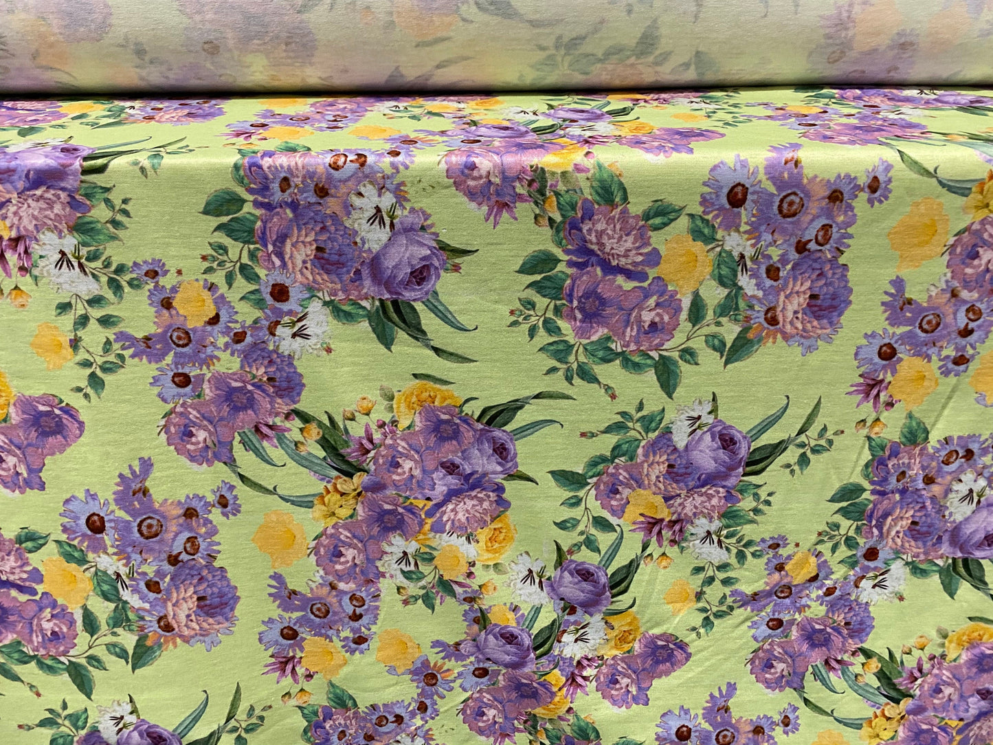 Soft handle jersey fabric with spandex, per metre - green & lilac floral print