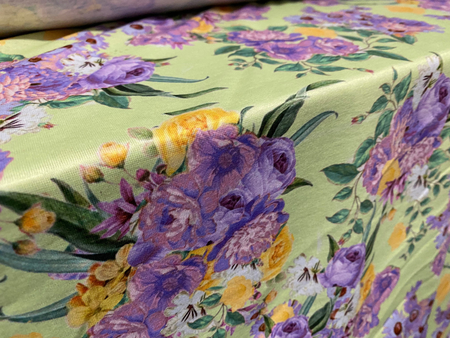 Soft handle jersey fabric with spandex, per metre - green & lilac floral print