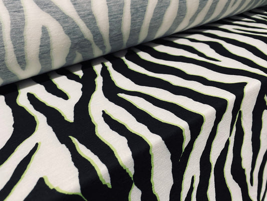 Soft handle jersey dress  fabric, per metre - black white & yellow zebra print