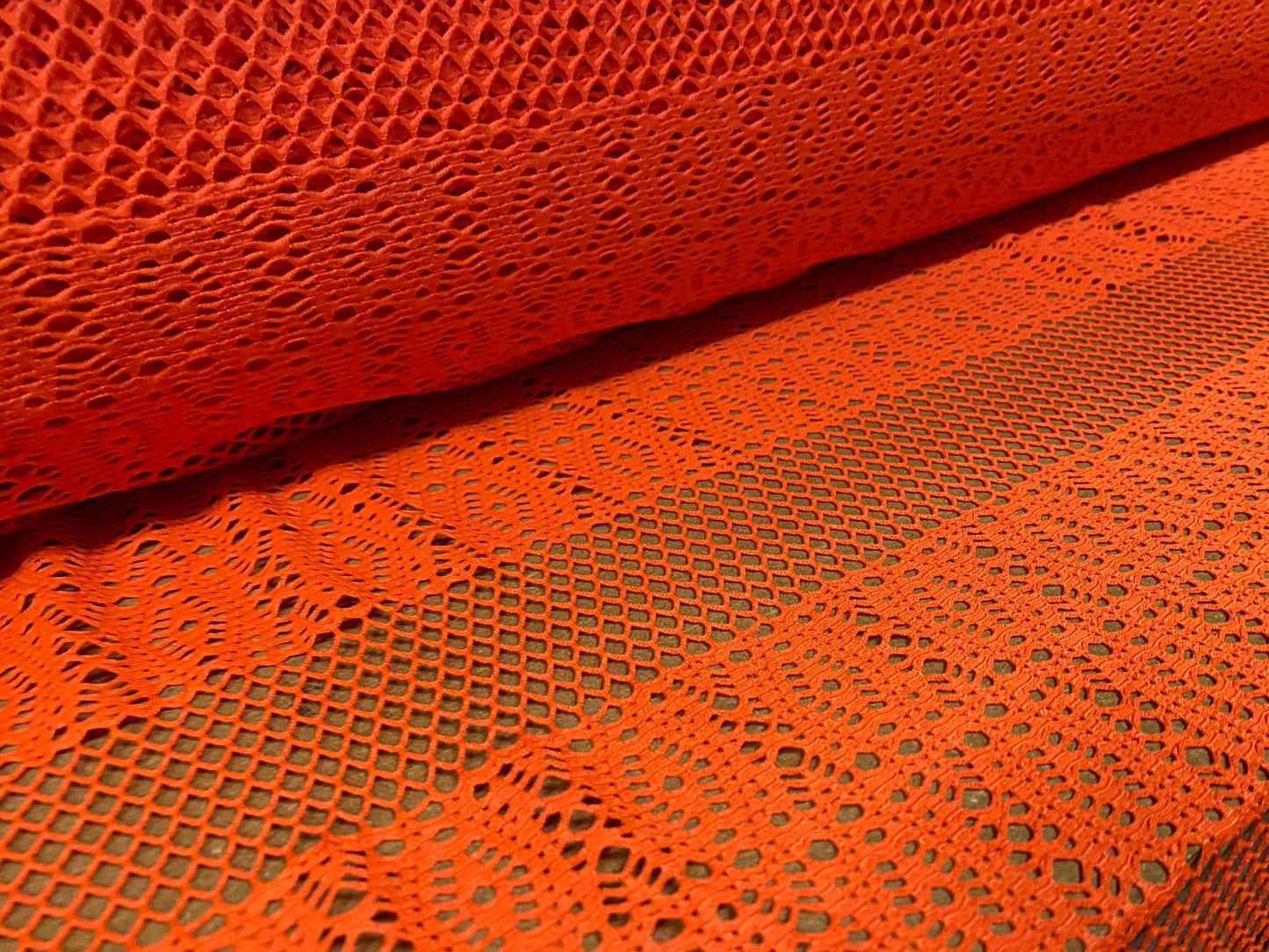 Fishnet stretch mesh floral spandex jersey fabric, per metre - Orange