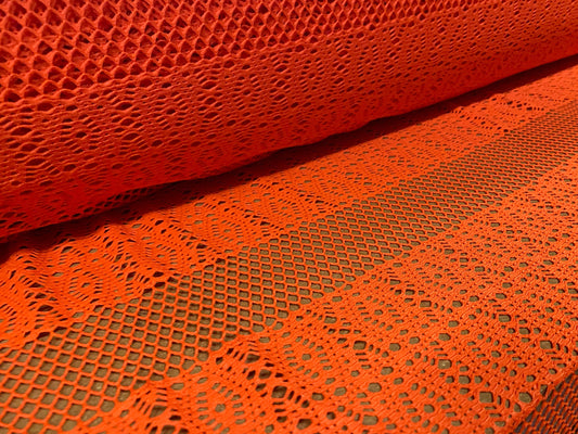 Fishnet stretch mesh floral spandex jersey fabric, per metre - Orange