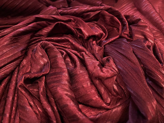 Plissé stretch spandex pleated satin dress fabric, per metre - plain - wine