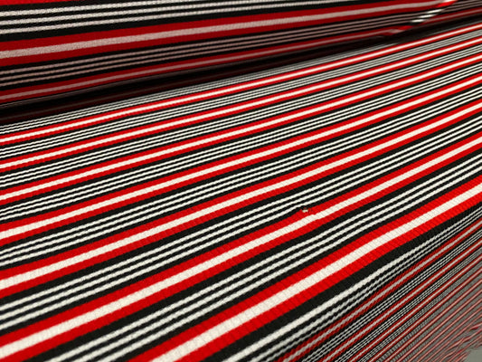 Stretch spandex rib jersey fabric, per metre - Red black & white engineered stripe