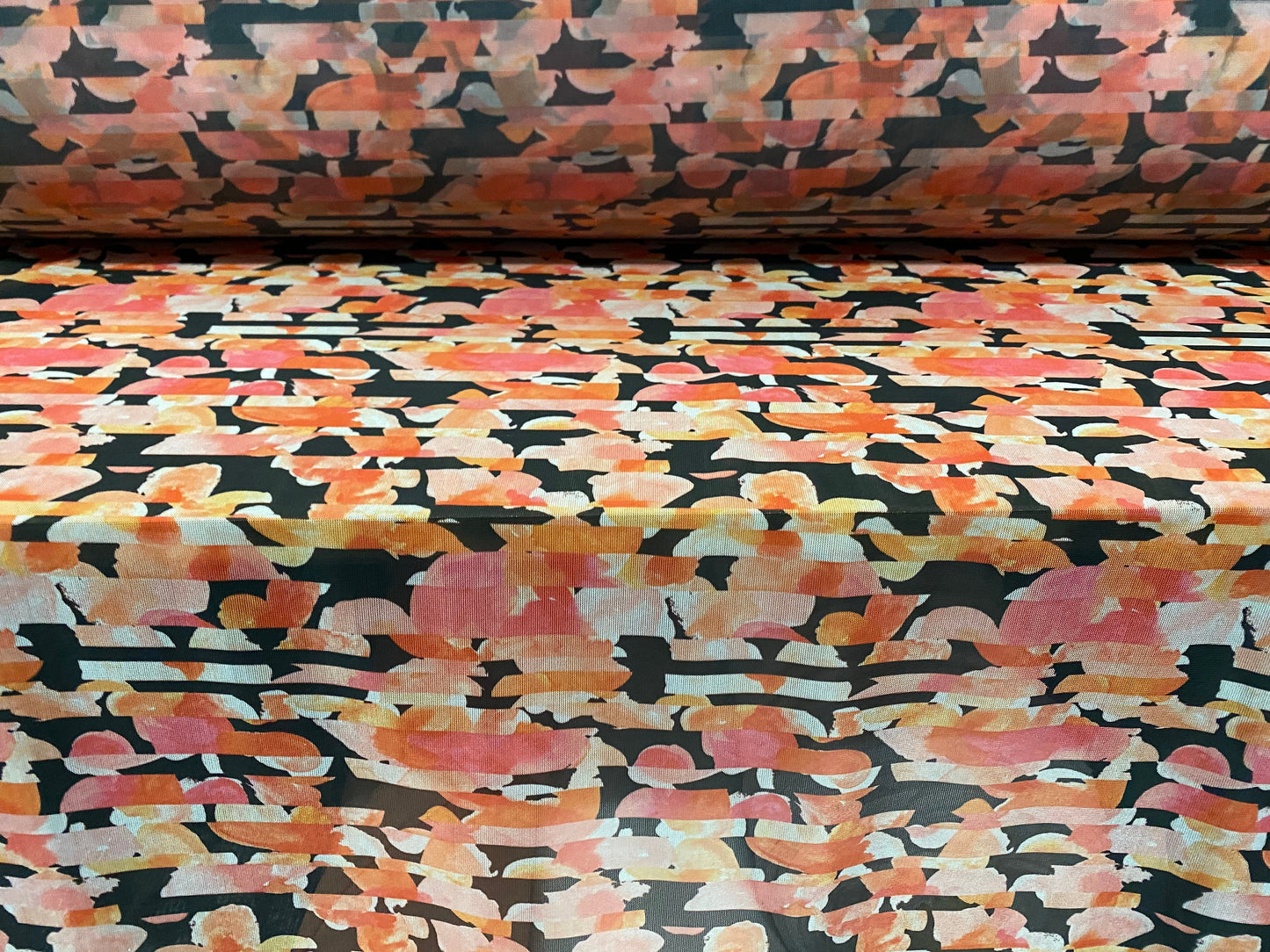 Power mesh net stretch fabric, per metre - Red and black floral stripe print