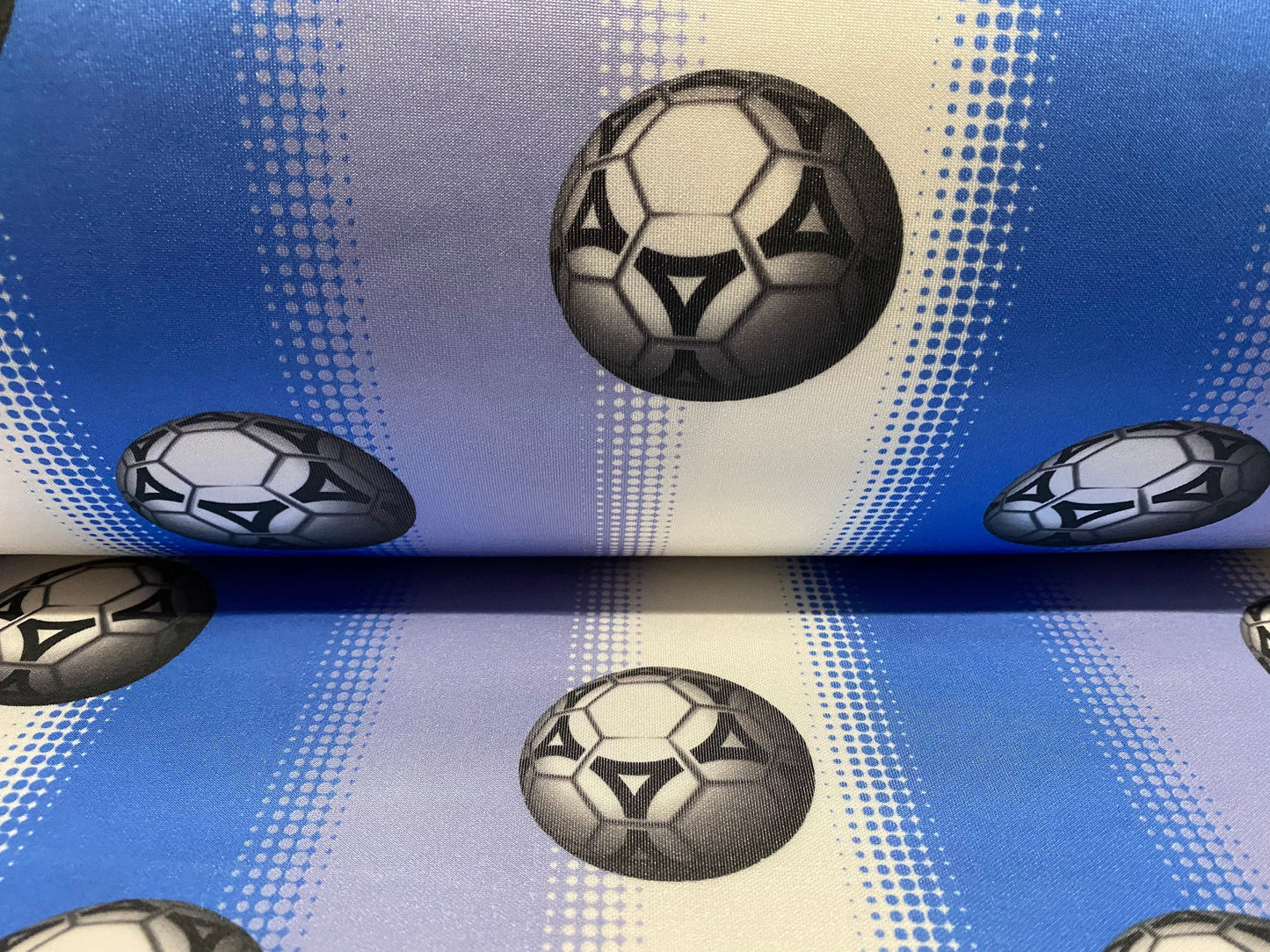Scuba spandex jersey fabric, per metre - football print - blue