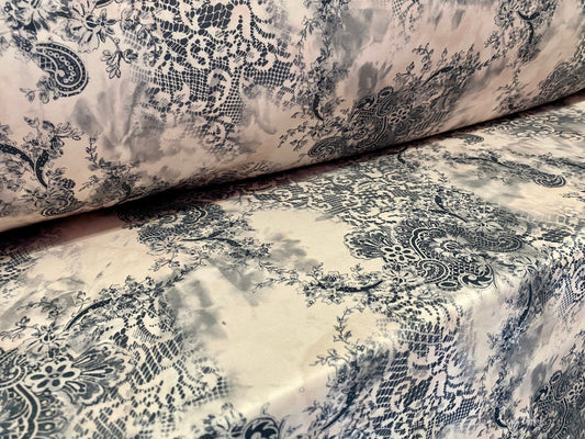 Scuba spandex jersey fabric, per metre - Nude & black lace print