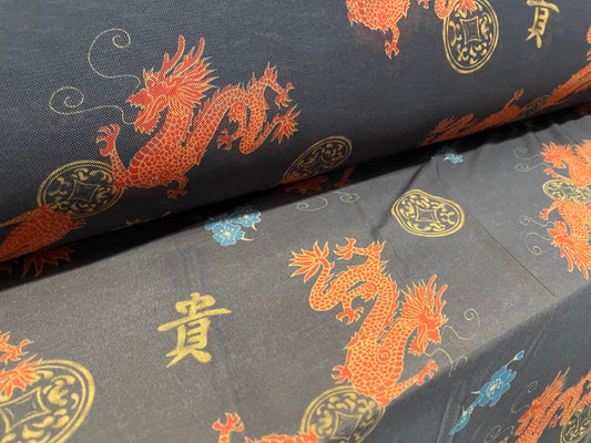 Power mesh net stretch fabric, per metre - oriental dragons print