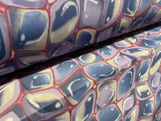 Power mesh net stretch fabric, per metre - retro geometric glass print - lilac navy & red