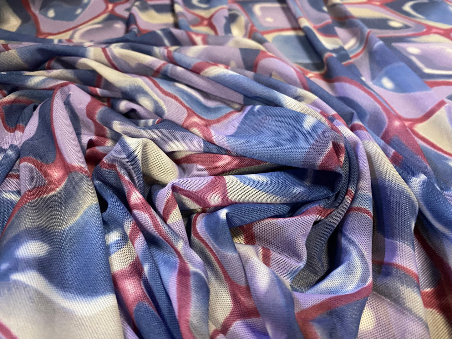 Power mesh net stretch fabric, per metre - retro geometric glass print - lilac navy & red