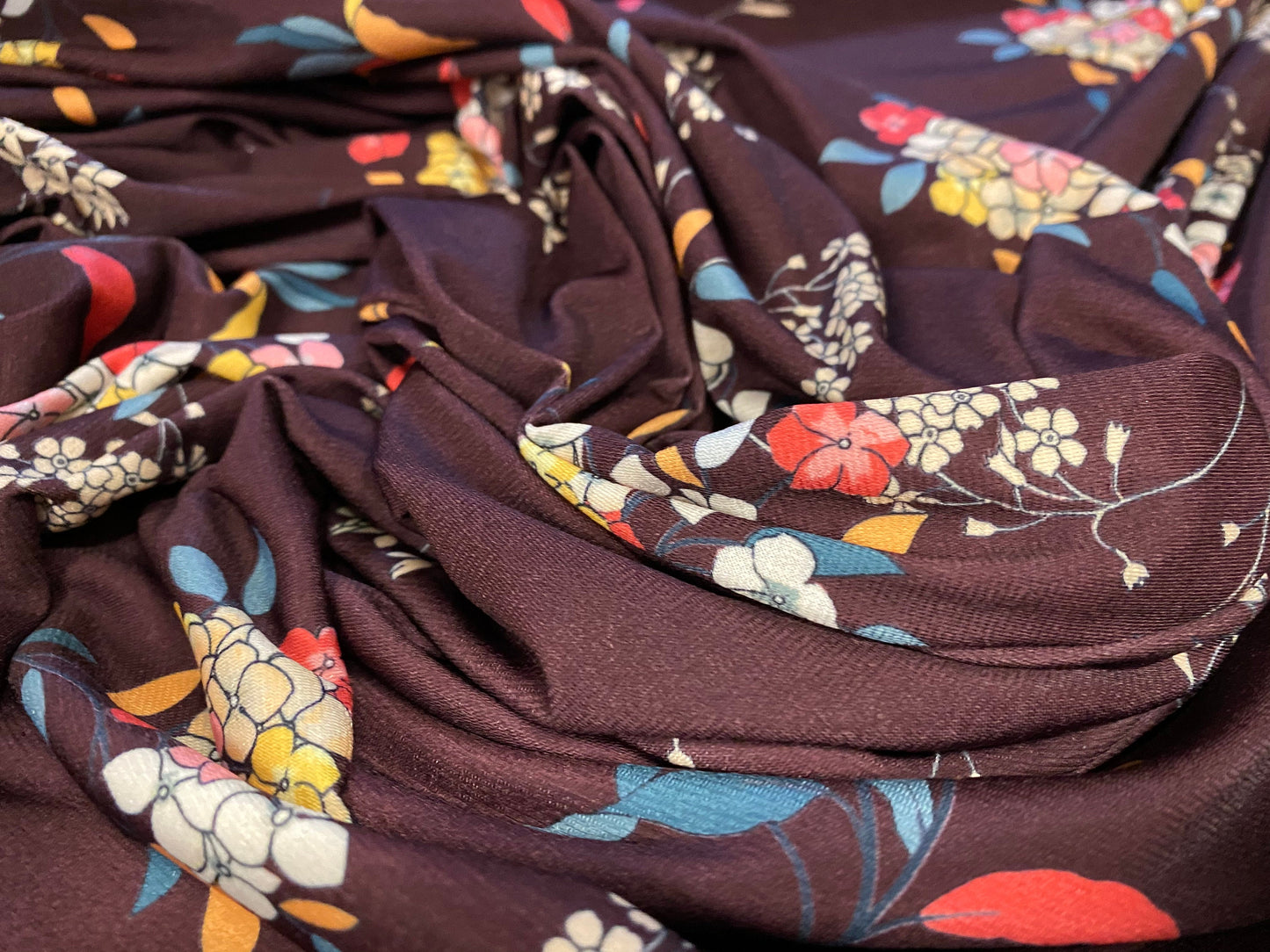 Soft touch stretch spandex jersey fabric, per metre - maroon floral print