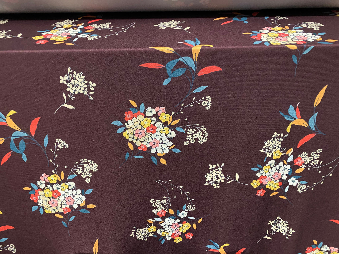 Soft touch stretch spandex jersey fabric, per metre - maroon floral print