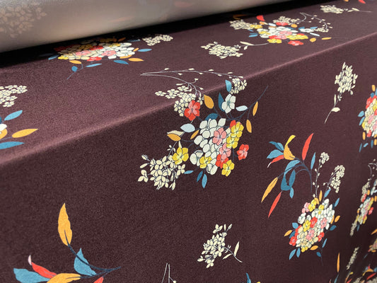 Soft touch stretch spandex jersey fabric, per metre - maroon floral print