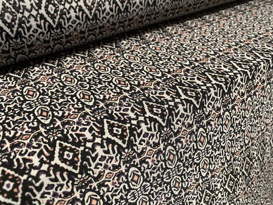 Soft touch stretch spandex jersey fabric, per metre - geometric tribal print