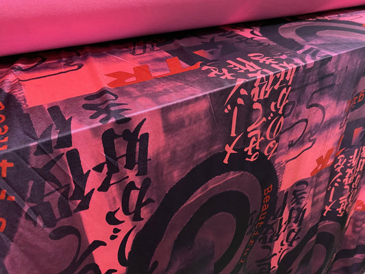 Printed ITY stretch spandex Jersey fabric, per metre - Japanese symbols print - pink