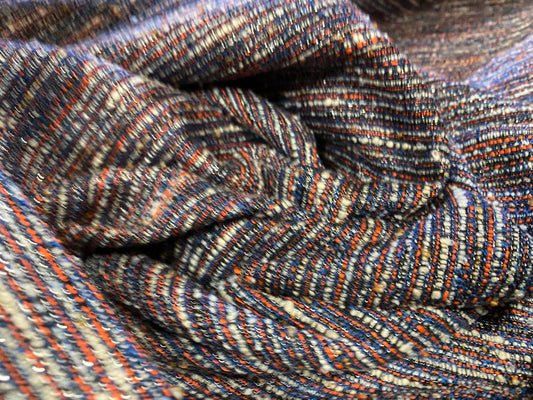 Slub stripe woven cotton blend jacquard fabric with lurex, per metre - blue & orange