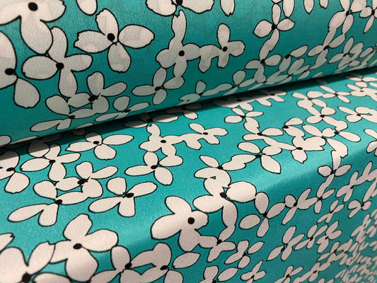 Chirimen woven crepe dress fabric, per metre - flower print - turquoise