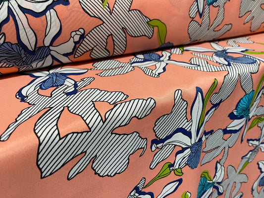 Chirimen woven crepe dress fabric, per metre - lily  flower print - salmon