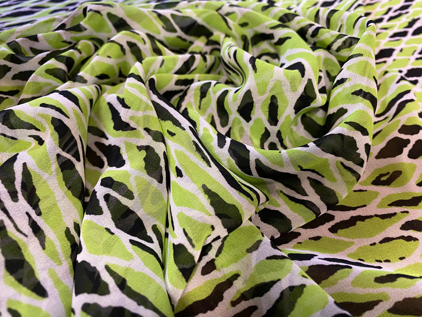 Soft chiffon dress fabric, per metre - harlequin print - green & black