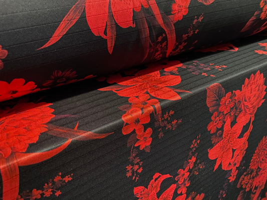 Stretch rib double jersey fabric, per metre - floral print - black & red