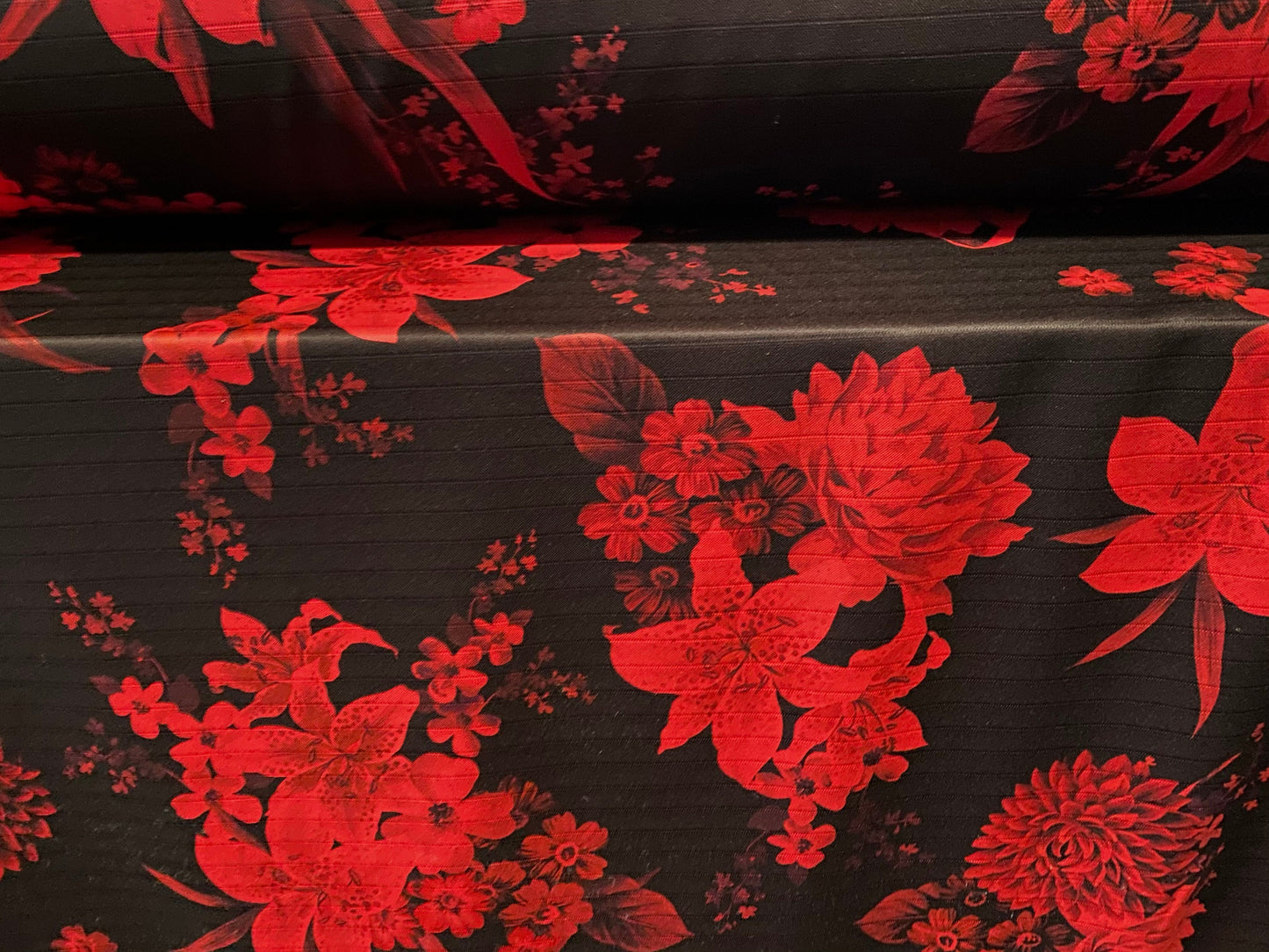 Stretch rib double jersey fabric, per metre - floral print - black & red