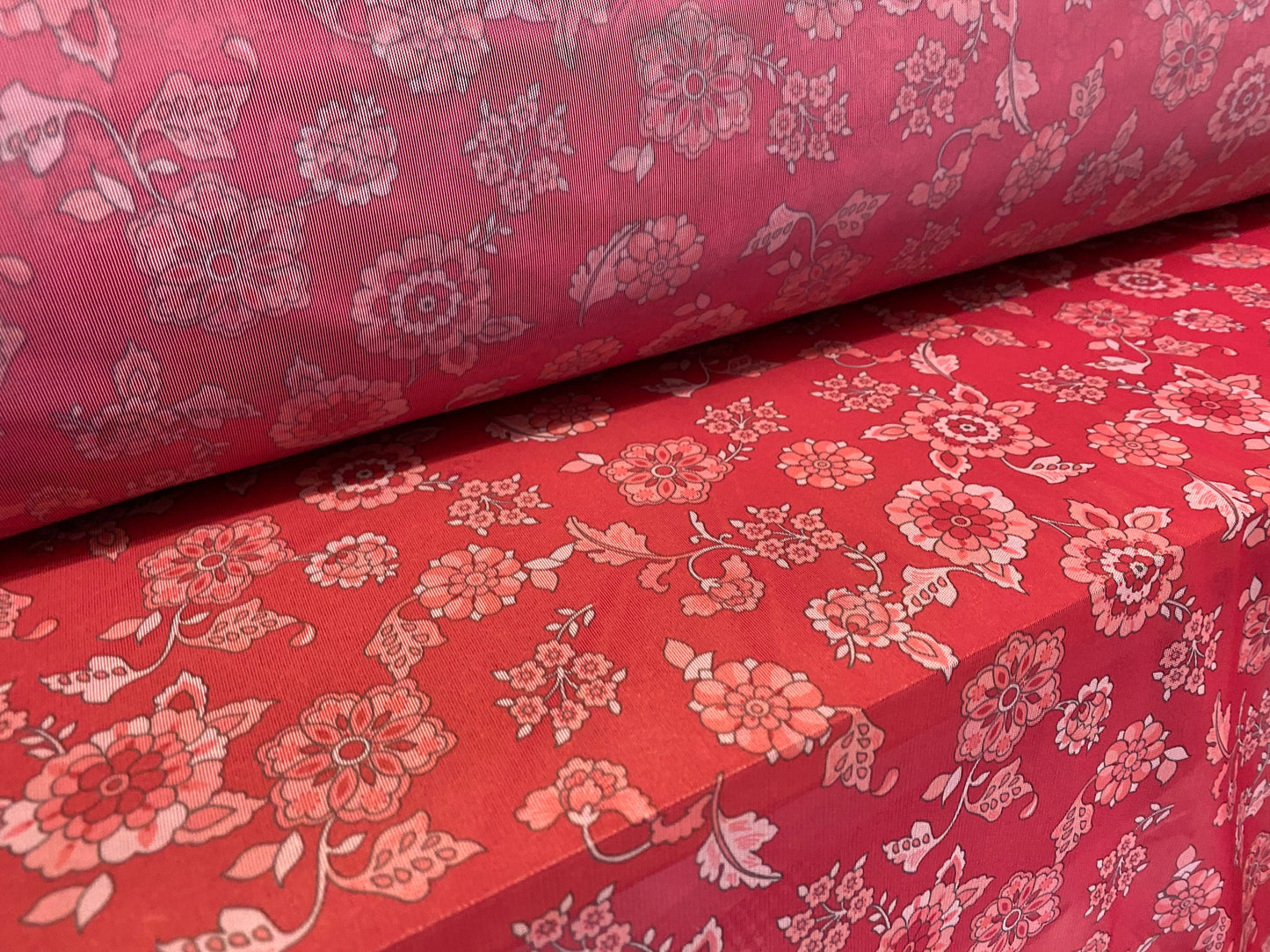Power mesh net stretch fabric, per metre - raspberry floral print