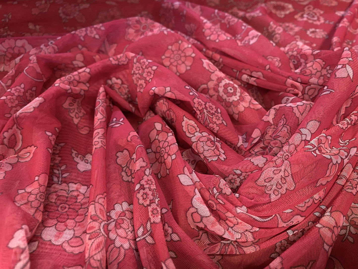 Power mesh net stretch fabric, per metre - raspberry floral print