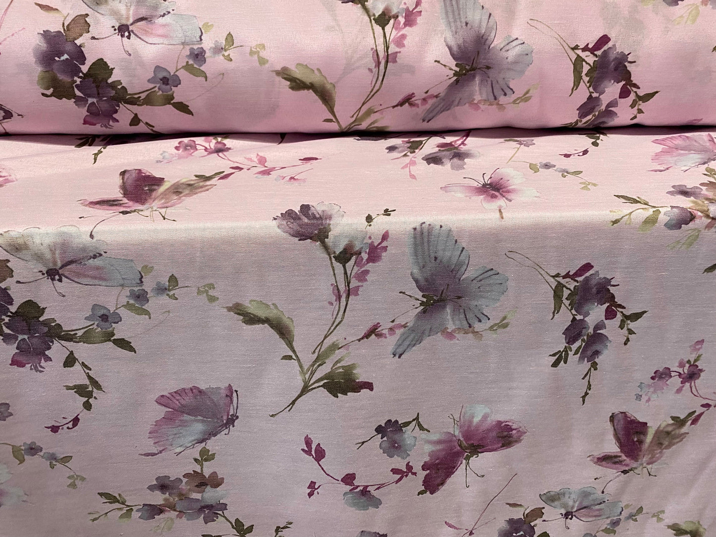 Printed woven Kelly dress fabric, per metre - lilac flowers & butterflies