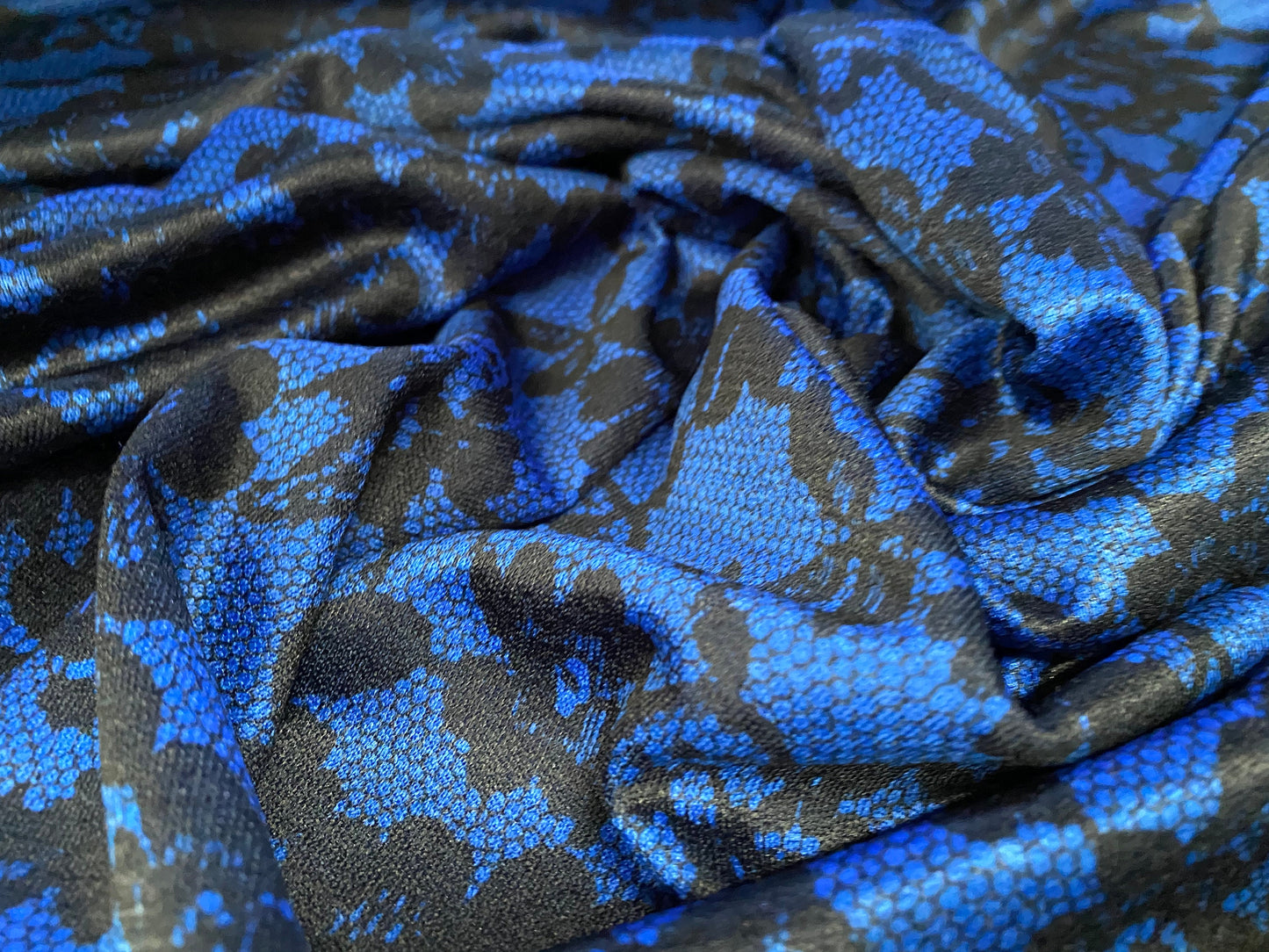 Single jersey fabric with One way stretch, per metre - royal blue with black lace print