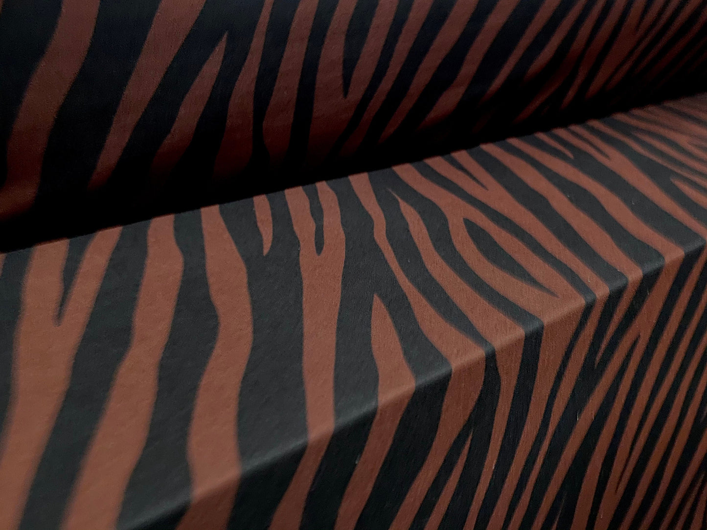 Printed ITY stretch spandex Jersey fabric, per metre - Black & cinnamon zebra print