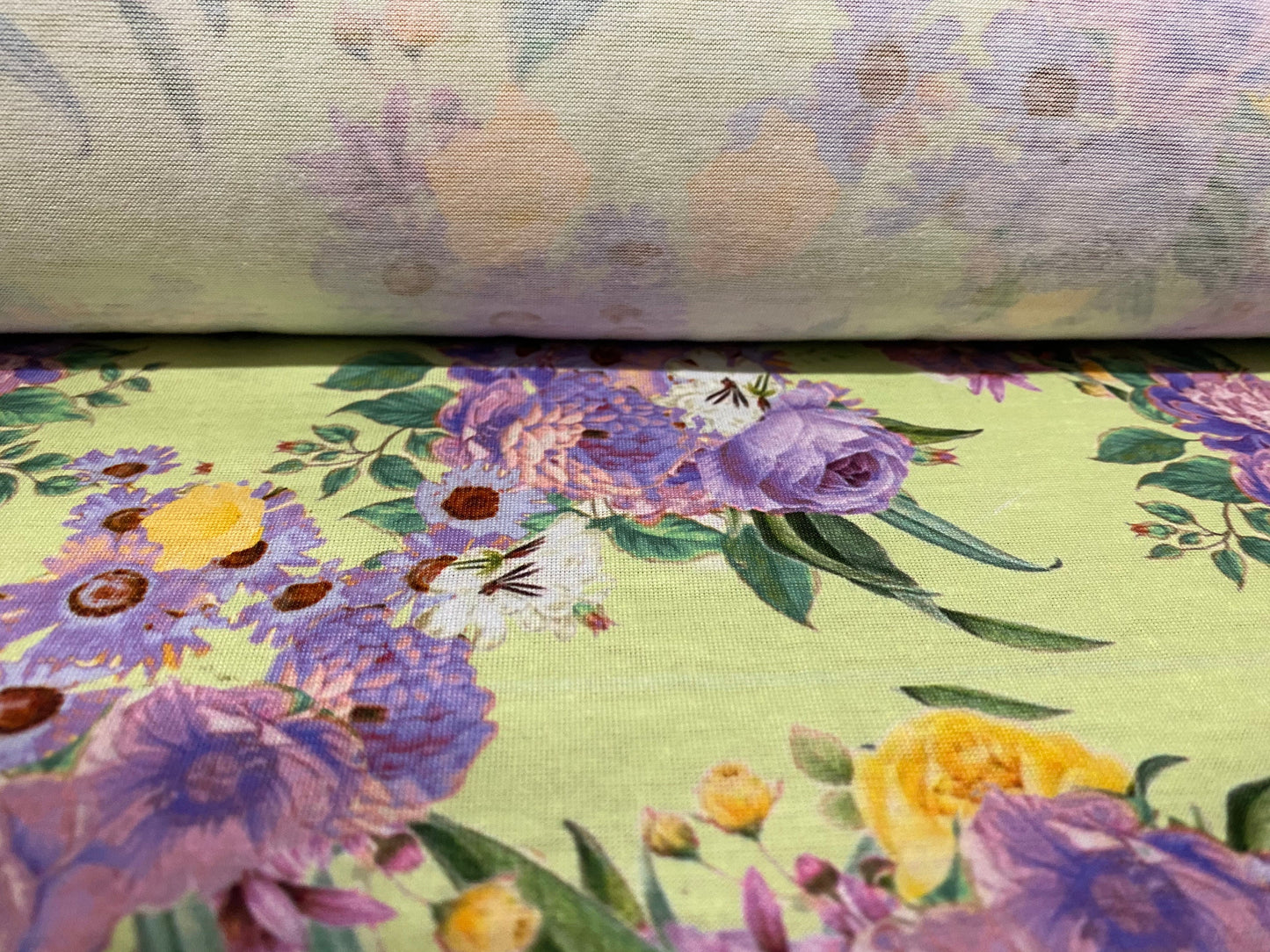 Soft handle jersey fabric with spandex, per metre - green & lilac floral print