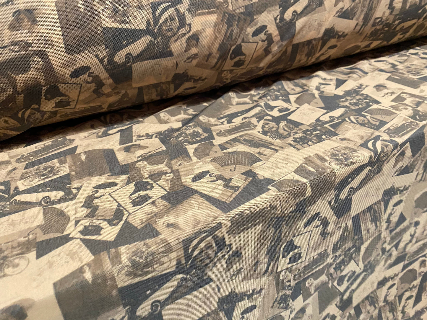 Power mesh net stretch fabric, per metre - 50s retro umbrellas and cars print - Nude