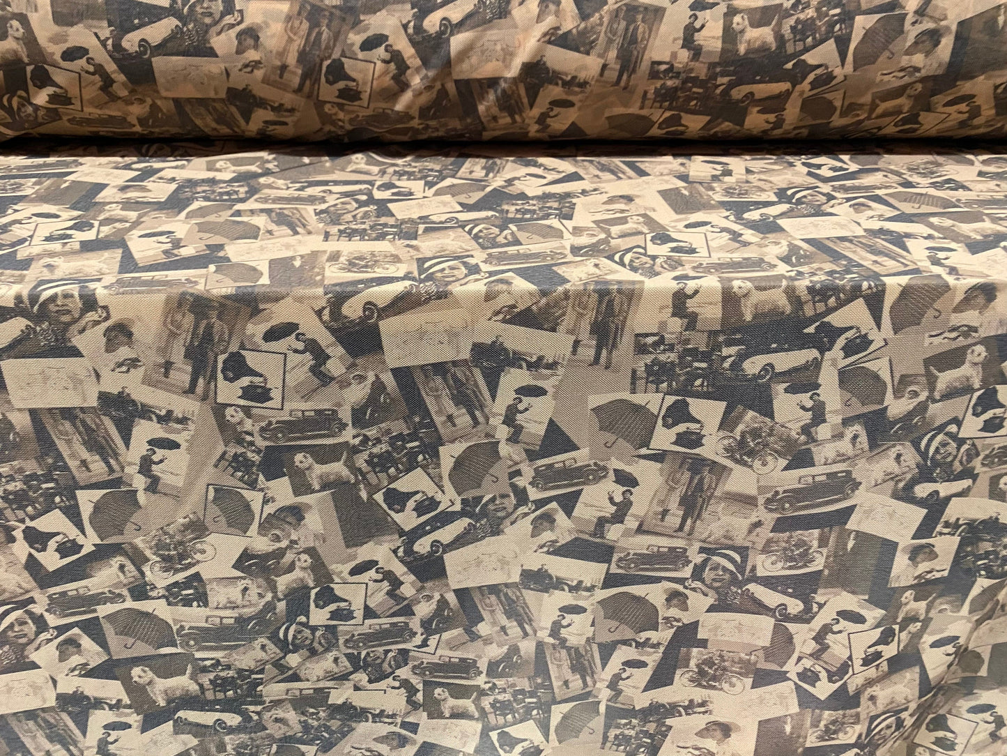 Power mesh net stretch fabric, per metre - 50s retro umbrellas and cars print - Nude