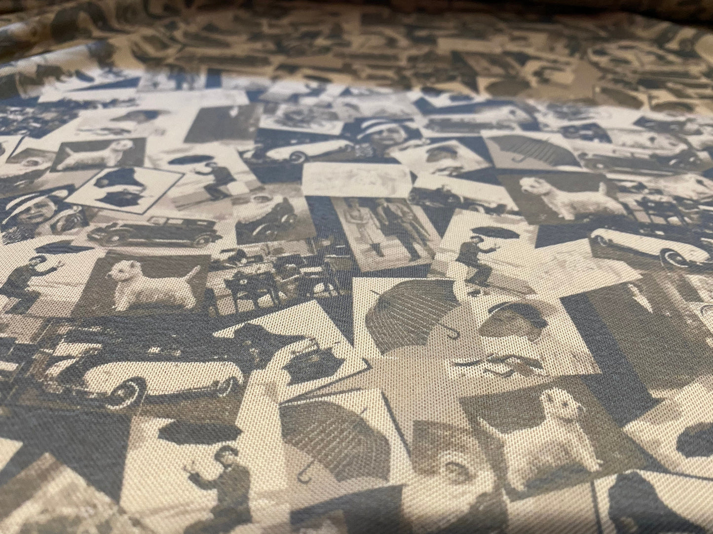 Power mesh net stretch fabric, per metre - 50s retro umbrellas and cars print - Nude