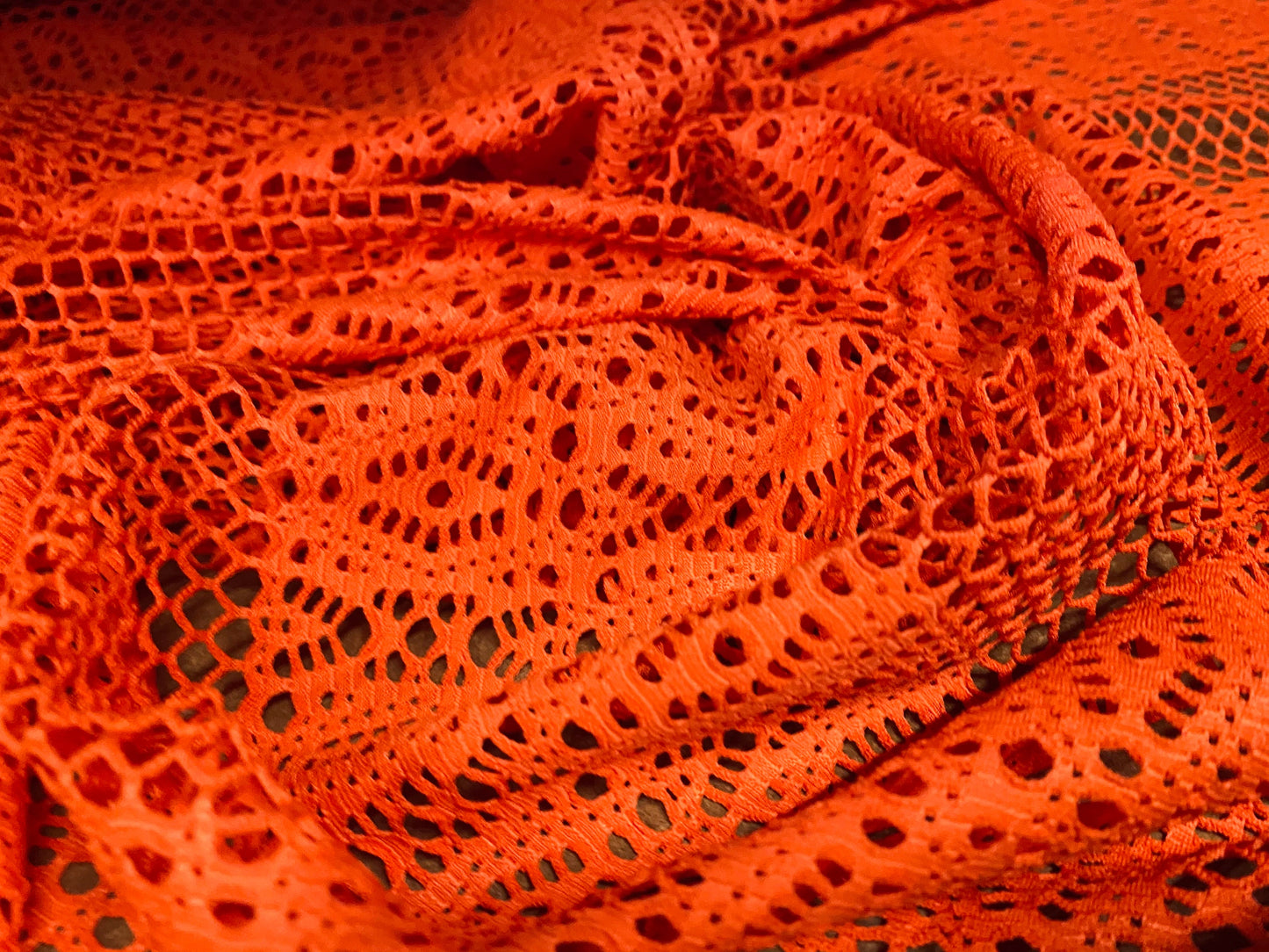 Fishnet stretch mesh floral spandex jersey fabric, per metre - Orange