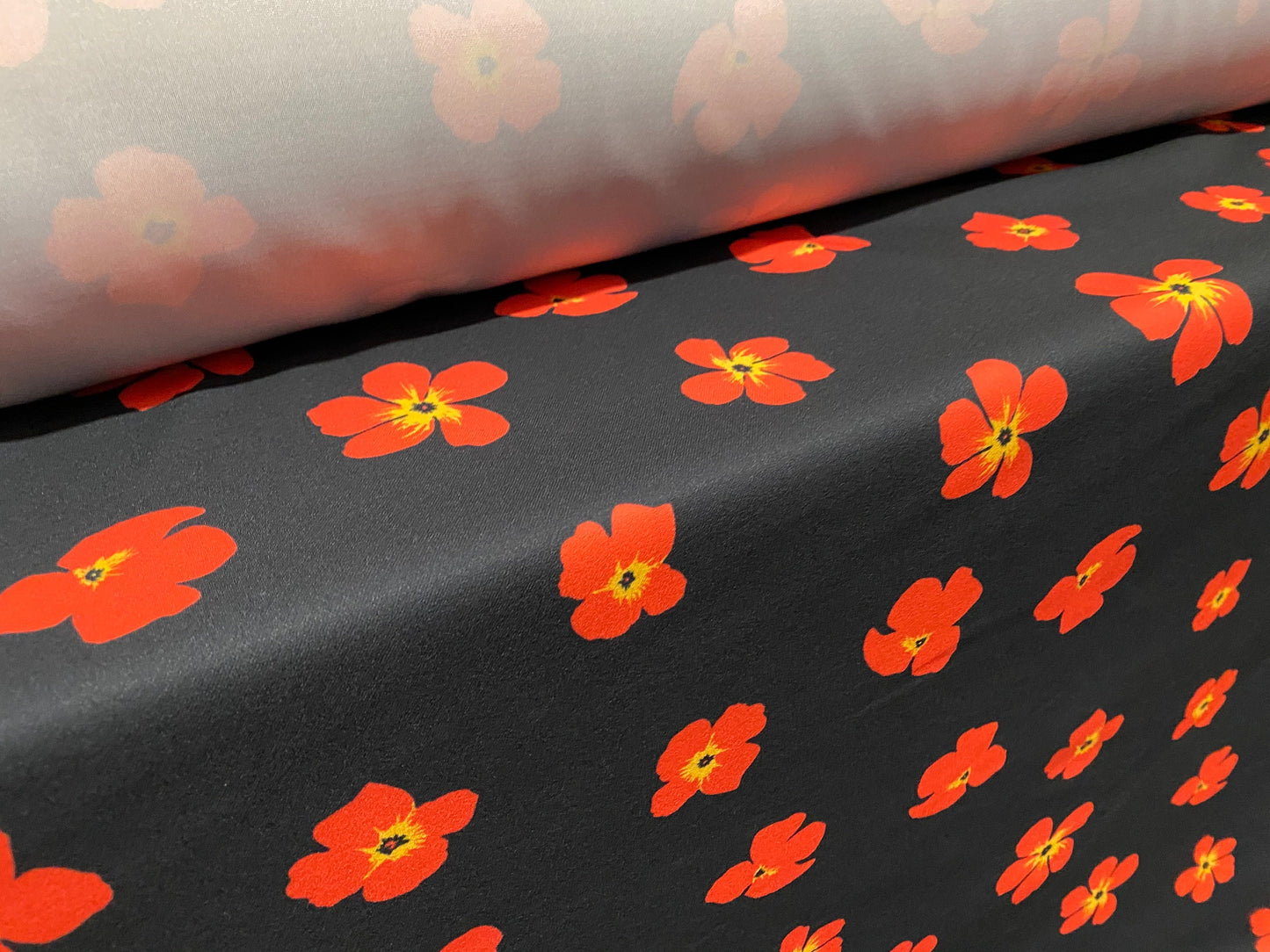 Scuba crepe fabric stretch spandex jersey, per metre - black with red poppy print