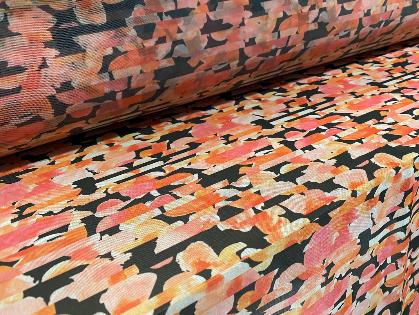 Power mesh net stretch fabric, per metre - Red and black floral stripe print