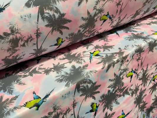 Scuba spandex jersey fabric, per metre - tropical palm trees & parrots print multicolour