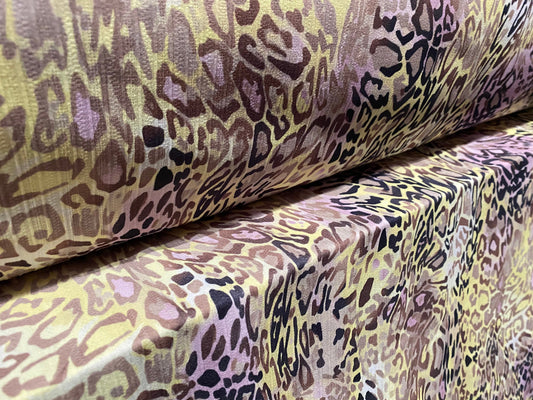 Leopardskin distressed print spandex rib jersey fabric, per metre - lemon yellow & pink