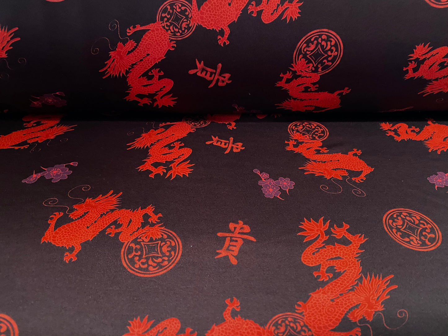 Scuba Stretch double jersey fabric, per metre - oriental dragon print