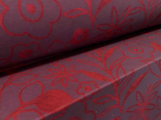 Soft handle jersey dress  fabric, per metre - dark aubergine with red flower print
